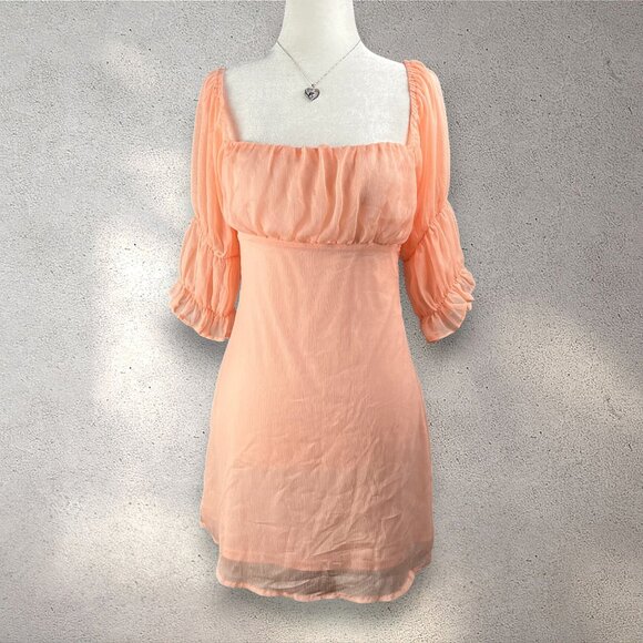 Beige Botany Dresses & Skirts - Beige Botany Peach Mini Dress Womens M Babydoll Sheer Lined Cottage Coquette EUC